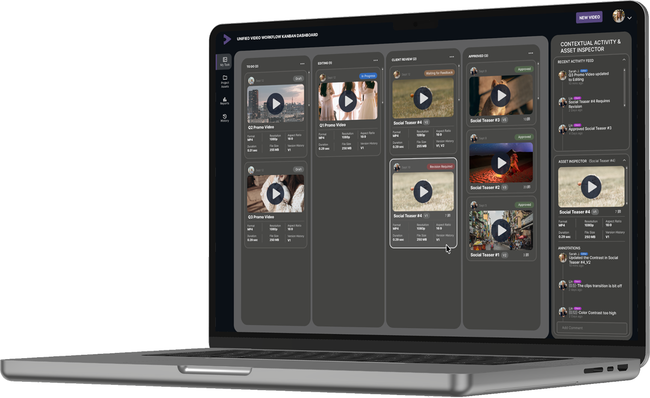 Laptop mockup showing the CAVW review room and Kanban dashboard