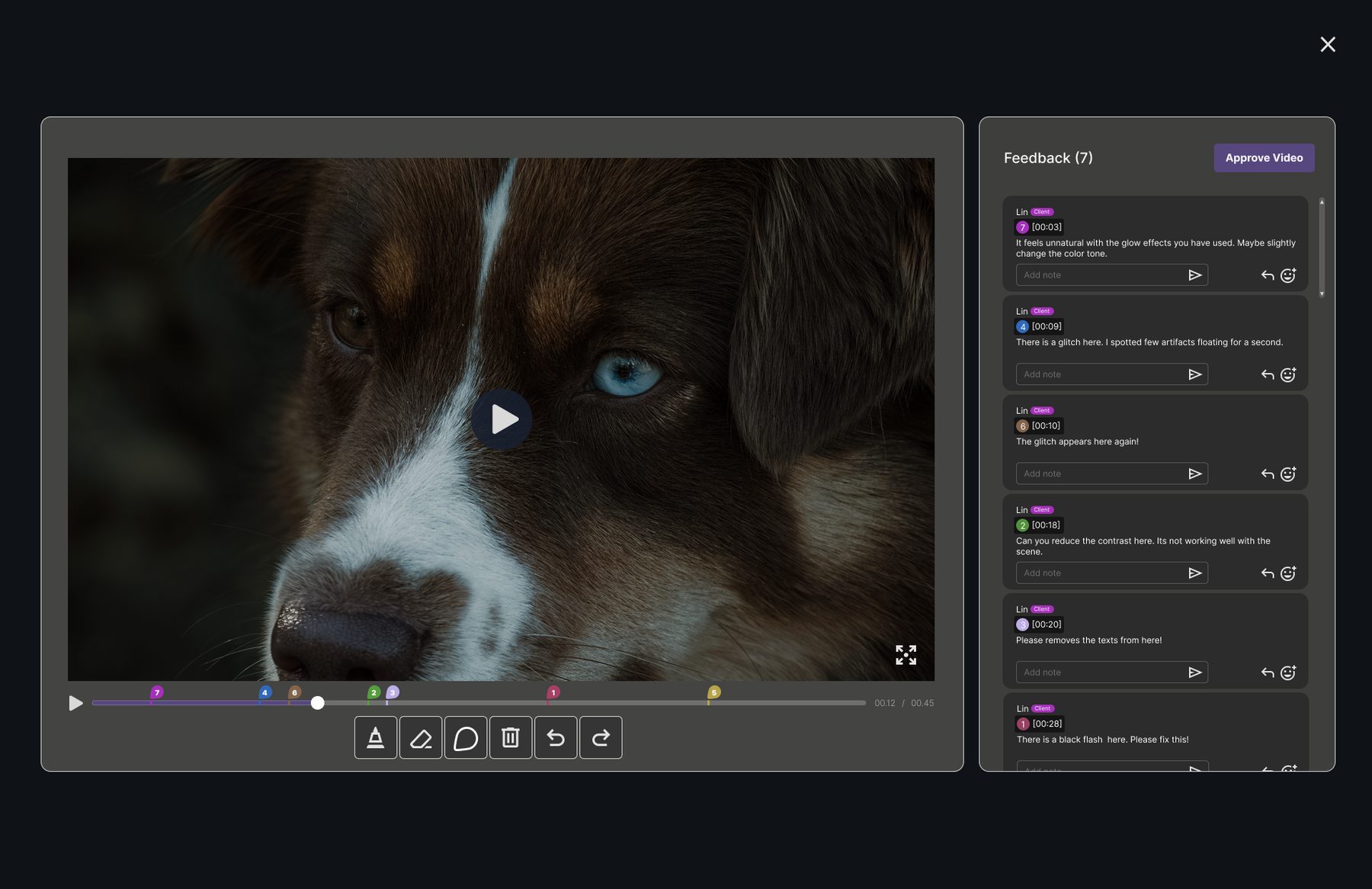 The timestamped review room: video player with numbered timeline markers and a feedback panel with timecoded comments