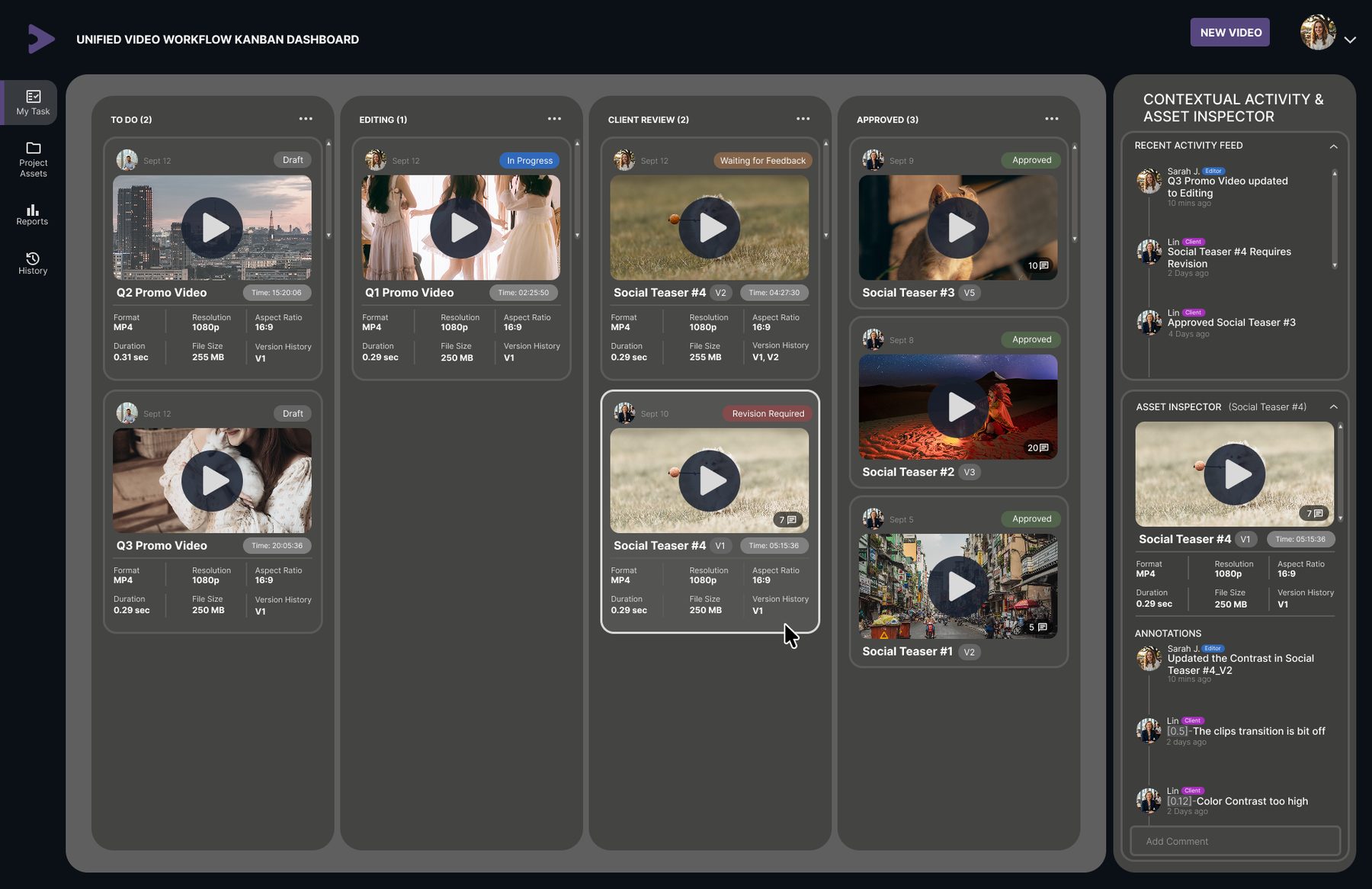 The Kanban workflow dashboard: four columns from To Do to Approved with smart task cards and the contextual activity rail