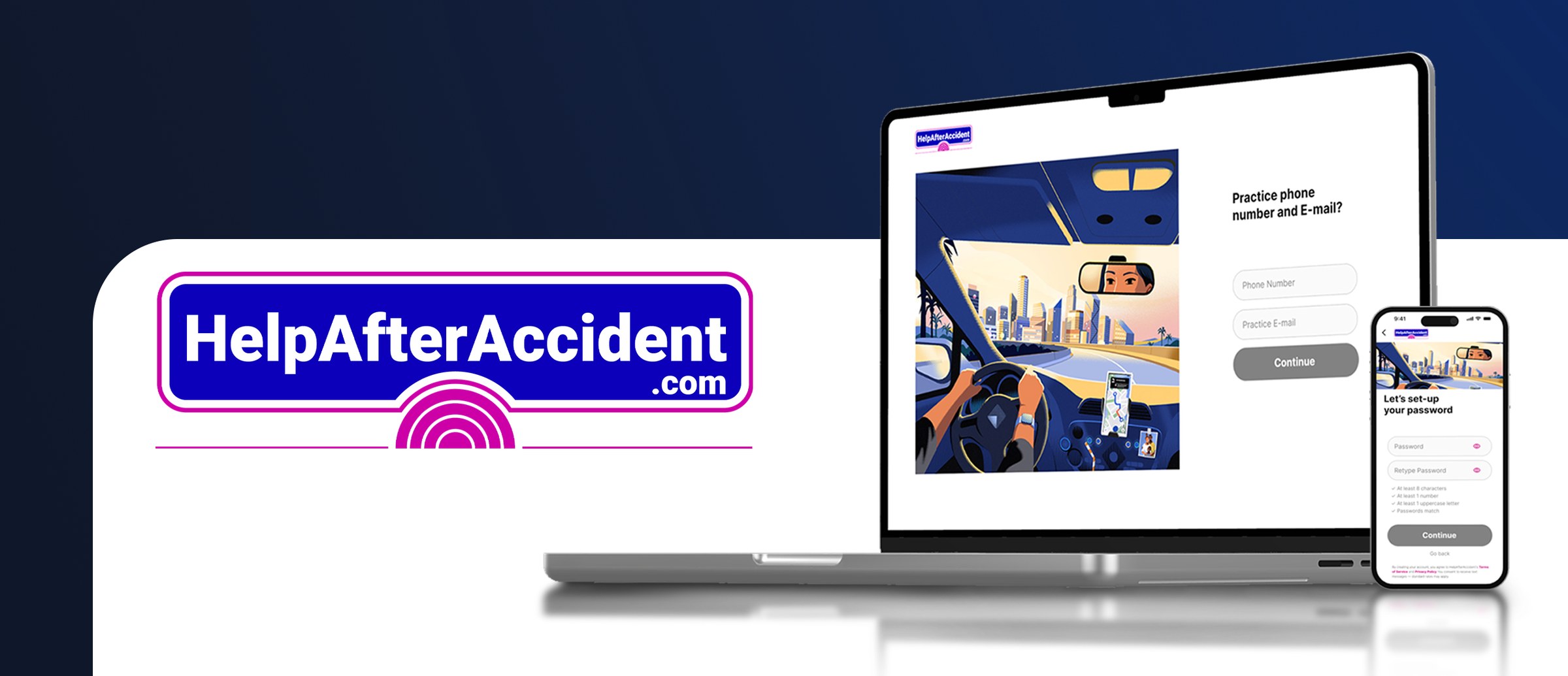 HelpAfterAccident.com onboarding shown on laptop and phone
