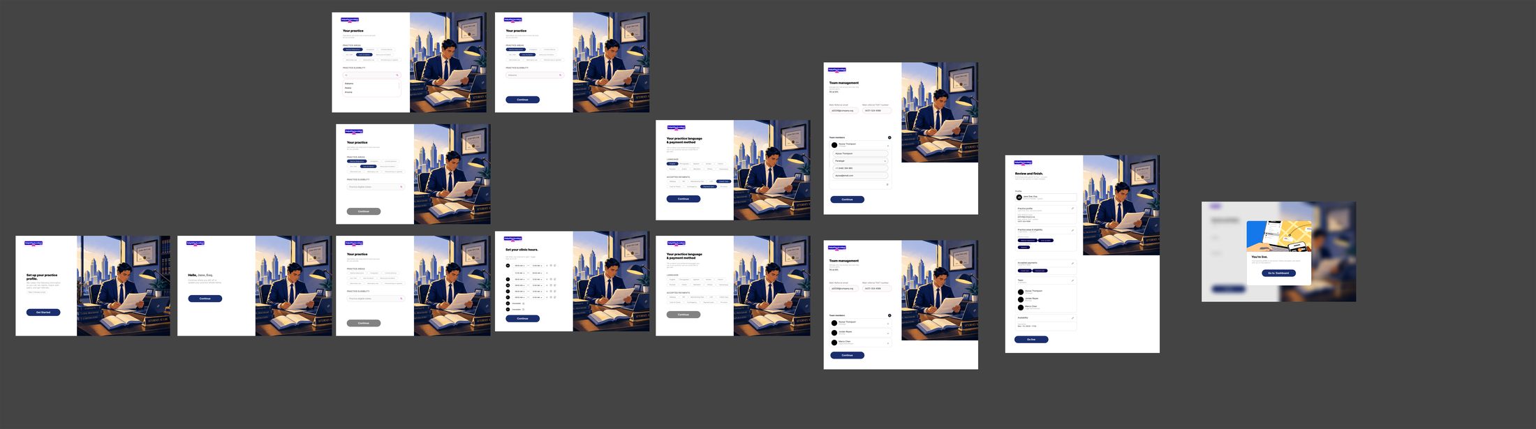 Lawyer onboarding flow end to end — one persona, one path, all screen states