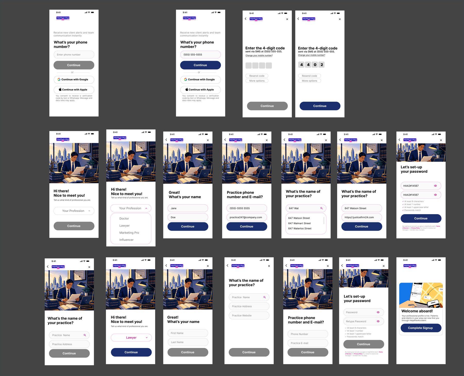 Shared signup trunk showing empty, filled, and disabled/enabled CTA states for all user types