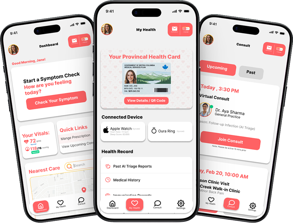 Three phones fanned out showing the Dashboard, My Health, and Consult screens