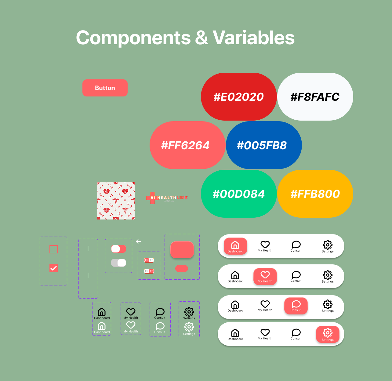 Component sheet with palette, buttons, form controls and navigation states