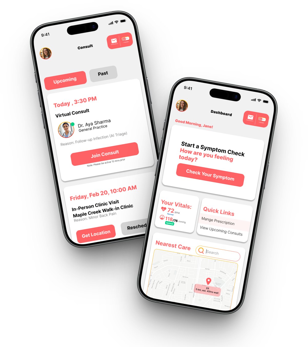 Two phones showing the Consult screen and the Dashboard