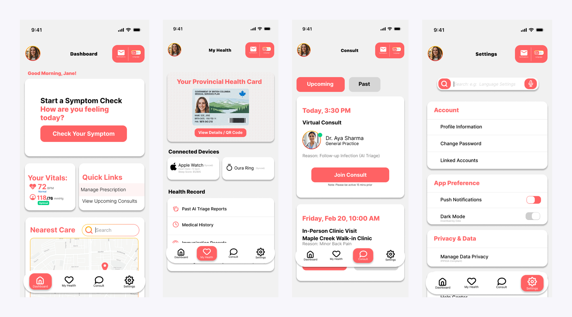 The four core screens: Dashboard, My Health, Consults, Settings