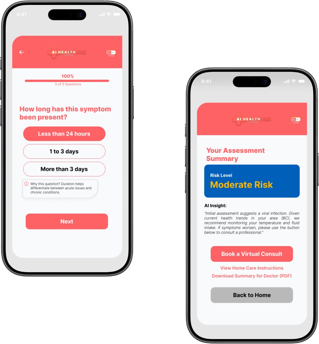 The symptom duration question and the assessment summary screen