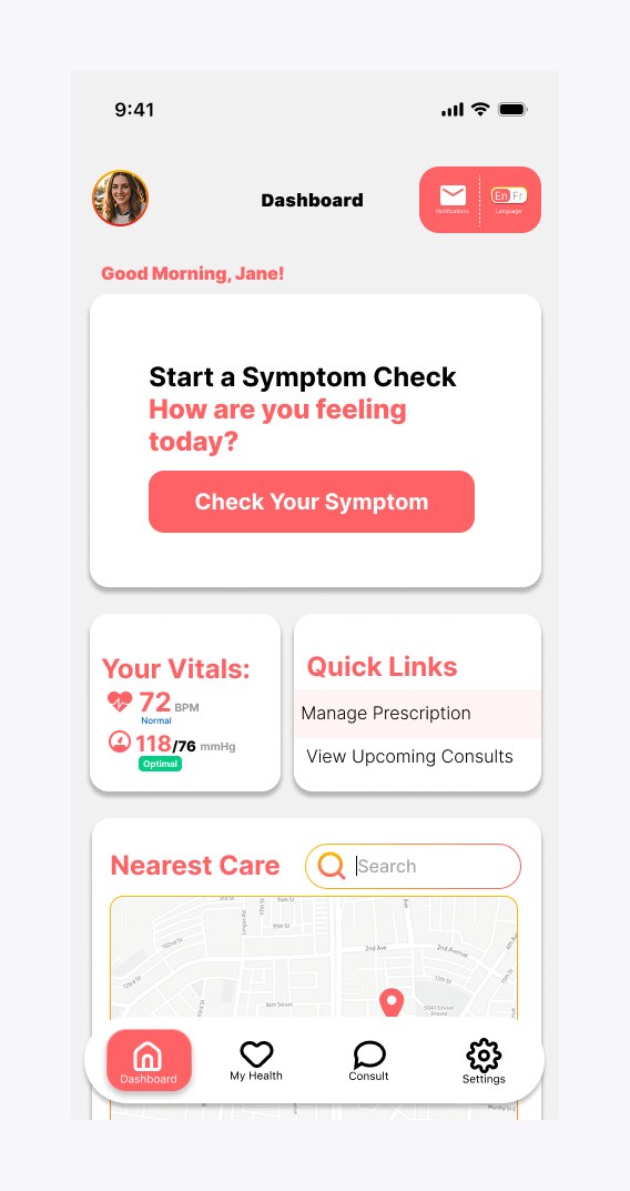 Phone showing the dashboard with symptom check, vitals, and nearest care map