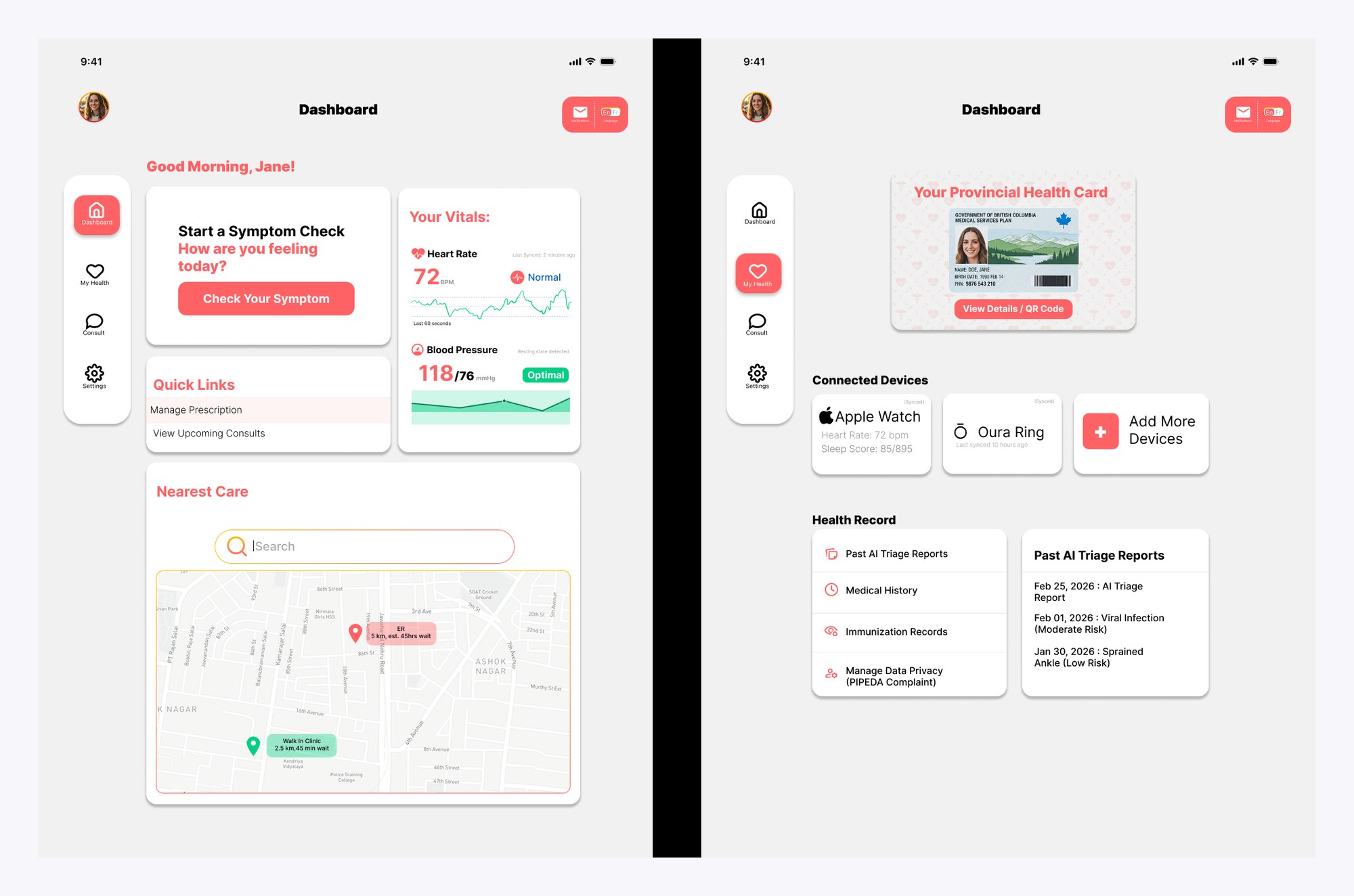 Tablet adaptation of the dashboard and health vault