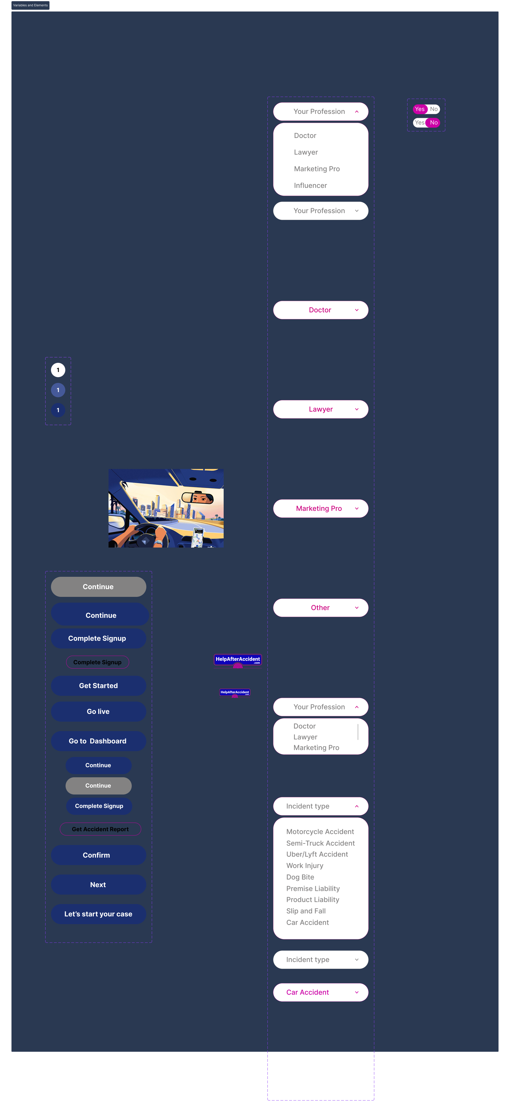 Variables and Elements: profession selector, incident type dropdown, CTA button variants, and Yes/No toggle component states